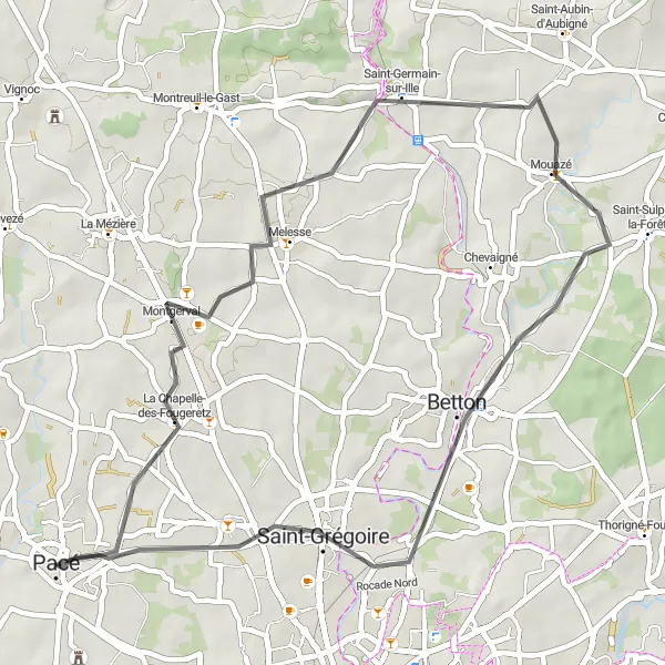 Map miniature of "Road Cycling Route Pacé- La Chapelle-des-Fougeretz- Saint-Germain-sur-Ille- Mouazé- Betton- Montgermont" cycling inspiration in Bretagne, France. Generated by Tarmacs.app cycling route planner