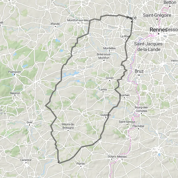 Miniature de la carte de l'inspiration cycliste "Les Vallées de l'Ille et de la Vilaine" dans la Bretagne, France. Générée par le planificateur d'itinéraire cycliste Tarmacs.app