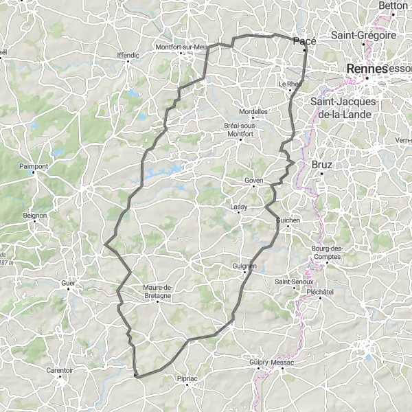 Map miniature of "Exploring Chavagne and Guignen" cycling inspiration in Bretagne, France. Generated by Tarmacs.app cycling route planner