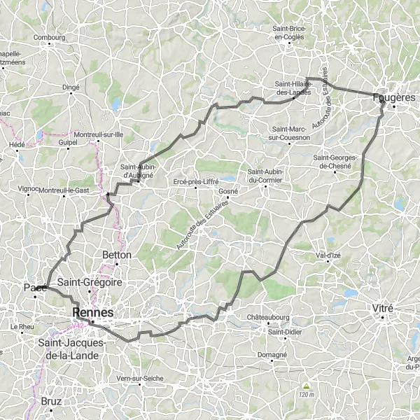 Map miniature of "Road Cycling Route Pacé- La Chapelle-des-Fougeretz- Andouillé-Neuville- Saint-Christophe-de-Valains- Saint-Hilaire-des-Landes- Vue du Rocher Coupé- Billé- Livré-sur-Changeon- Noyal-sur-Vilaine- Rennes" cycling inspiration in Bretagne, France. Generated by Tarmacs.app cycling route planner