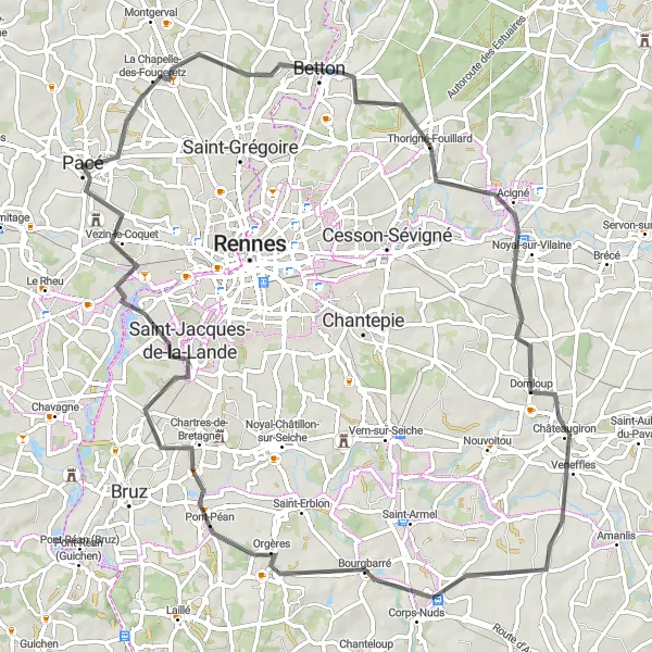 Map miniature of "Road Cycling Route Pacé- La Chapelle-des-Fougeretz- Acigné- Châteaugiron- Pont-Péan- Saint-Jacques-de-la-Lande- Vezin-le-Coquet" cycling inspiration in Bretagne, France. Generated by Tarmacs.app cycling route planner
