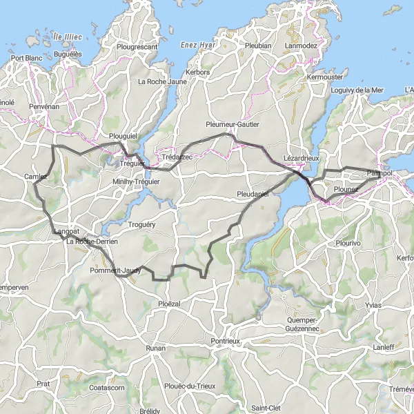 Miniature de la carte de l'inspiration cycliste "Le circuit de Plounez et Trédarzec" dans la Bretagne, France. Générée par le planificateur d'itinéraire cycliste Tarmacs.app