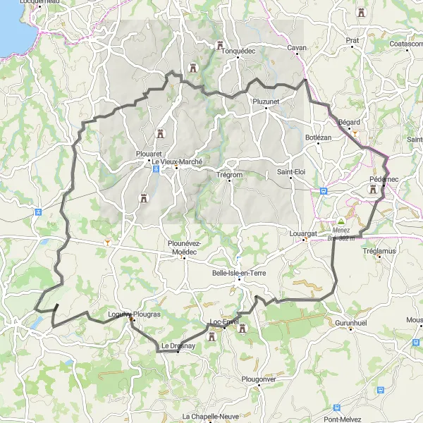 Miniature de la carte de l'inspiration cycliste "Tour des Manoirs Bretons" dans la Bretagne, France. Générée par le planificateur d'itinéraire cycliste Tarmacs.app