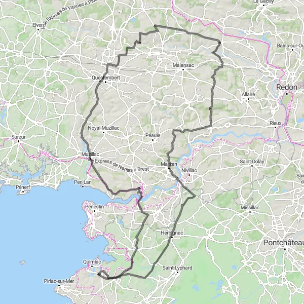 Miniature de la carte de l'inspiration cycliste "Les collines de l'Oust" dans la Bretagne, France. Générée par le planificateur d'itinéraire cycliste Tarmacs.app