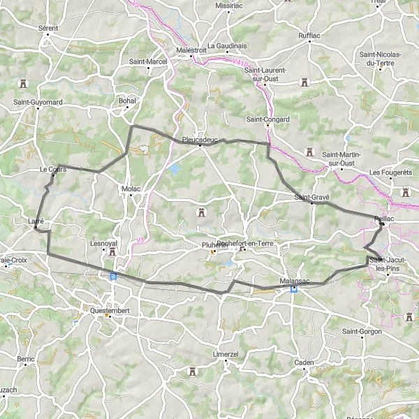 Map miniature of "Malansac Loop" cycling inspiration in Bretagne, France. Generated by Tarmacs.app cycling route planner