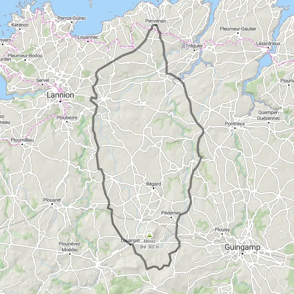 Map miniature of "Tréglamus Loop" cycling inspiration in Bretagne, France. Generated by Tarmacs.app cycling route planner