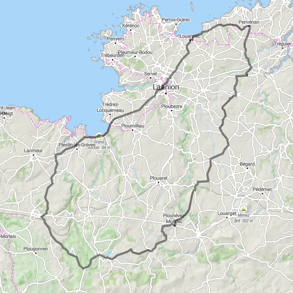 Miniature de la carte de l'inspiration cycliste "Parcours vers Penvénan" dans la Bretagne, France. Générée par le planificateur d'itinéraire cycliste Tarmacs.app