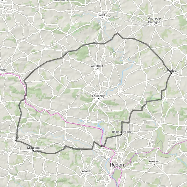 Miniature de la carte de l'inspiration cycliste "La Vallée de l'Oust" dans la Bretagne, France. Générée par le planificateur d'itinéraire cycliste Tarmacs.app