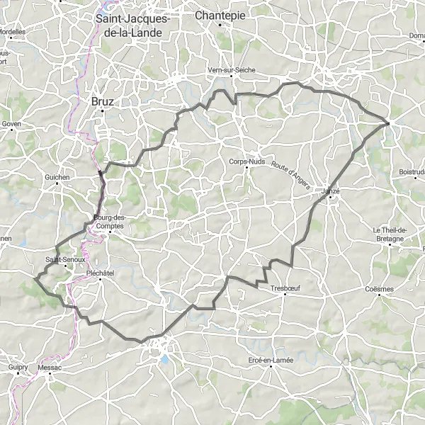 Map miniature of "The Janzé Loop" cycling inspiration in Bretagne, France. Generated by Tarmacs.app cycling route planner