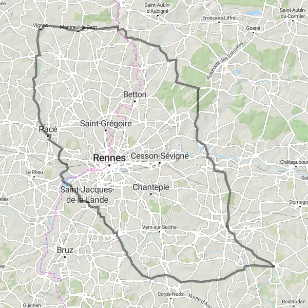 Map miniature of "Picturesque Ride through Historic Towns and Countryside" cycling inspiration in Bretagne, France. Generated by Tarmacs.app cycling route planner