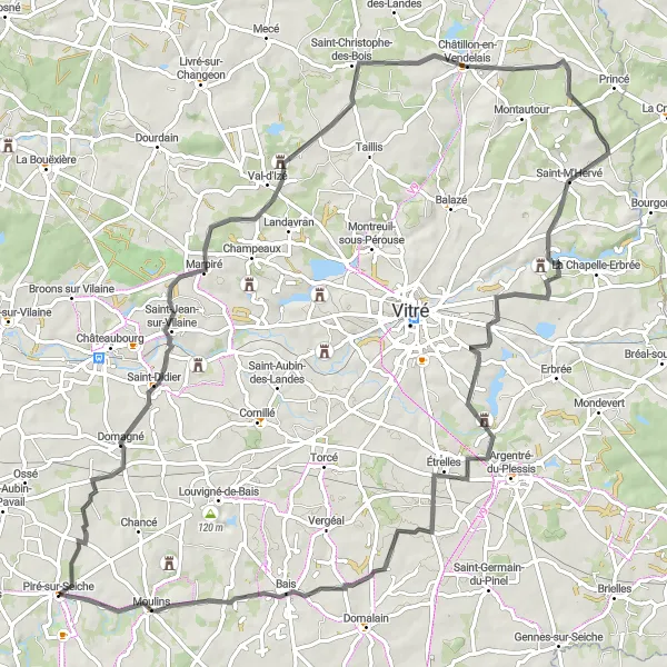 Miniature de la carte de l'inspiration cycliste "Escapade dans le Pays Rennais" dans la Bretagne, France. Générée par le planificateur d'itinéraire cycliste Tarmacs.app