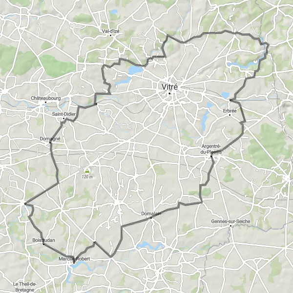 Miniature de la carte de l'inspiration cycliste "Boucle de Piré-sur-Seiche" dans la Bretagne, France. Générée par le planificateur d'itinéraire cycliste Tarmacs.app