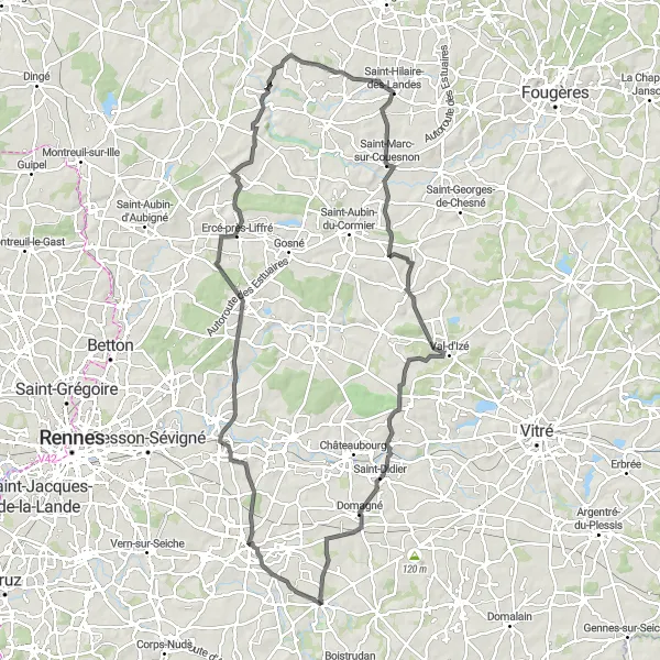 Miniature de la carte de l'inspiration cycliste "Boucle des Châteaux Bretons" dans la Bretagne, France. Générée par le planificateur d'itinéraire cycliste Tarmacs.app