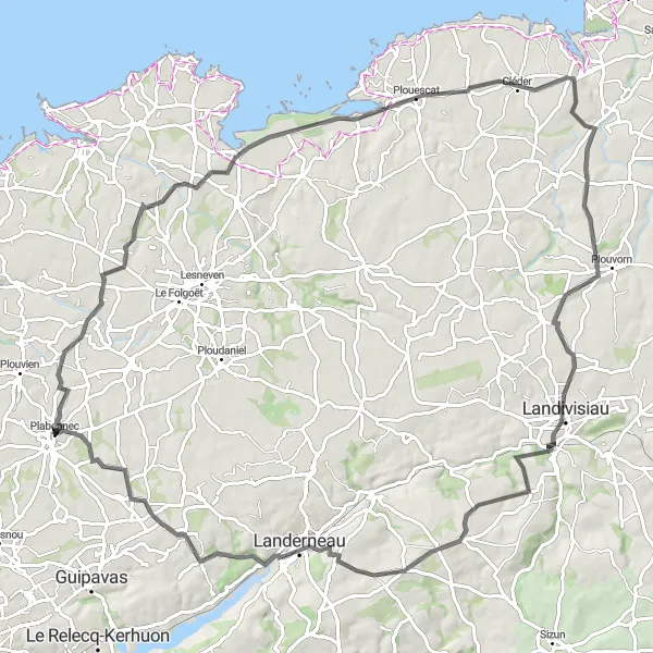 Map miniature of "The Plabennec and Beyond" cycling inspiration in Bretagne, France. Generated by Tarmacs.app cycling route planner