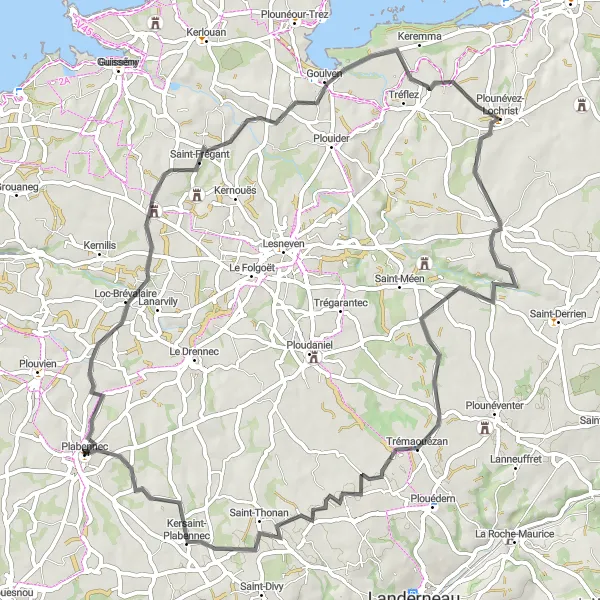 Map miniature of "Saint-Frégant-Plounévez-Lochrist Circuit" cycling inspiration in Bretagne, France. Generated by Tarmacs.app cycling route planner