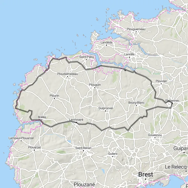 Map miniature of "Milizac-Lanrivoaré Circuit" cycling inspiration in Bretagne, France. Generated by Tarmacs.app cycling route planner