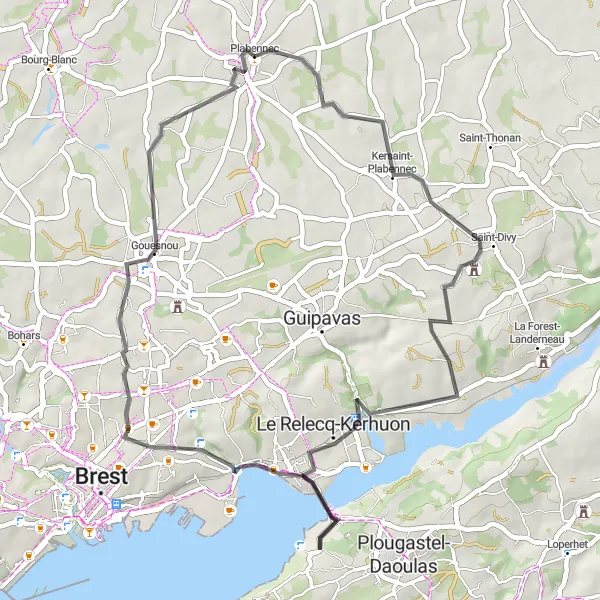 Map miniature of "Plabennec-Gouesnou Circular Route" cycling inspiration in Bretagne, France. Generated by Tarmacs.app cycling route planner