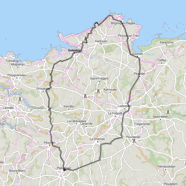 Map miniature of "Bretagne Coastal Road" cycling inspiration in Bretagne, France. Generated by Tarmacs.app cycling route planner
