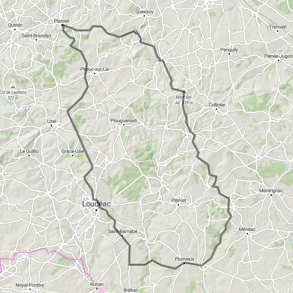 Miniature de la carte de l'inspiration cycliste "Exploration des terres bretonnes" dans la Bretagne, France. Générée par le planificateur d'itinéraire cycliste Tarmacs.app