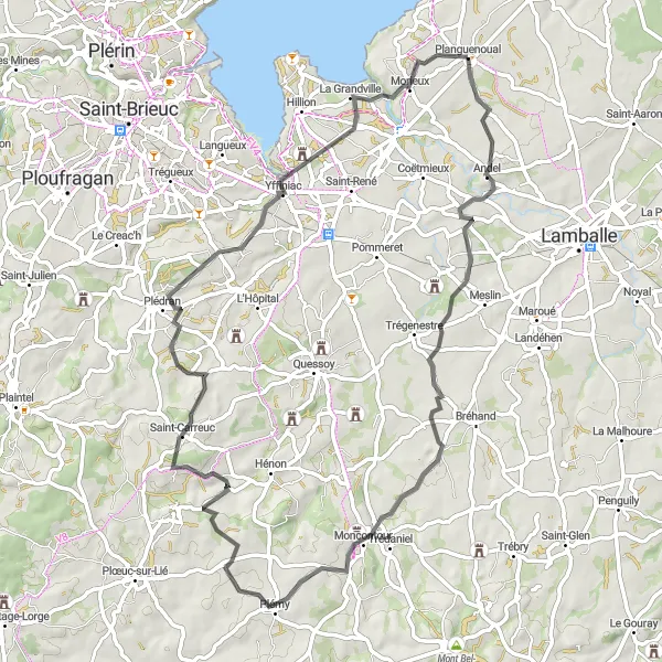 Map miniature of "Planguenoual to Andel and back" cycling inspiration in Bretagne, France. Generated by Tarmacs.app cycling route planner