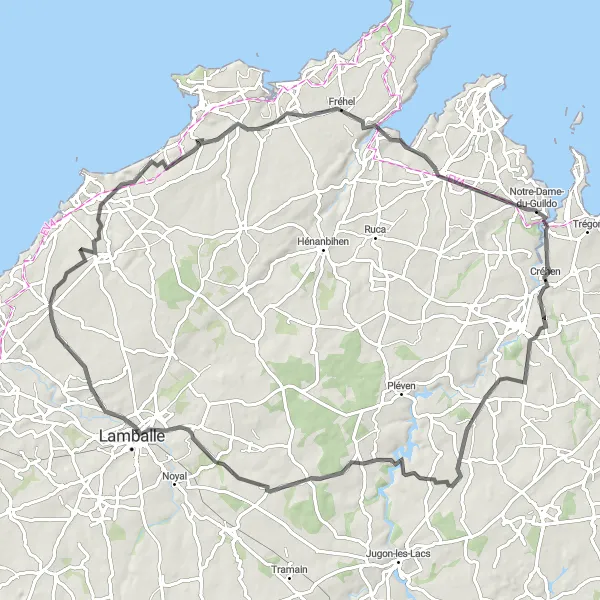 Miniature de la carte de l'inspiration cycliste "Parcours à travers les Châteaux Bretons" dans la Bretagne, France. Générée par le planificateur d'itinéraire cycliste Tarmacs.app