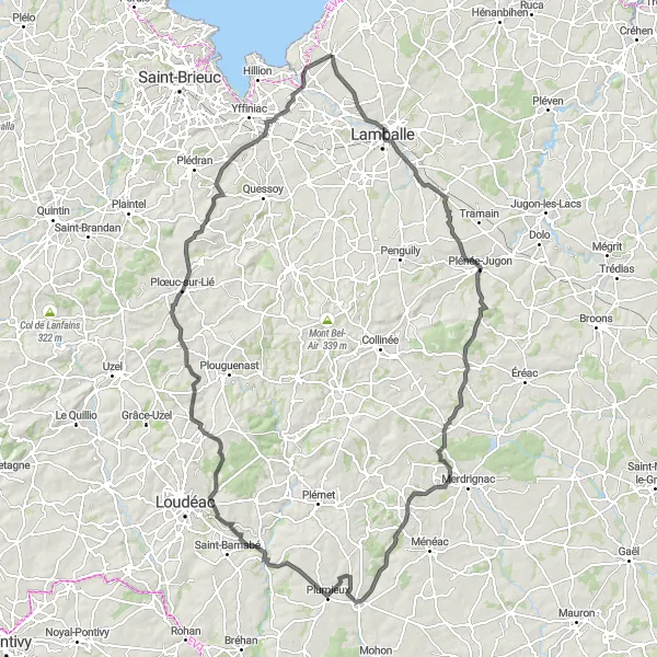 Map miniature of "Planguenoual to Plestan and back" cycling inspiration in Bretagne, France. Generated by Tarmacs.app cycling route planner