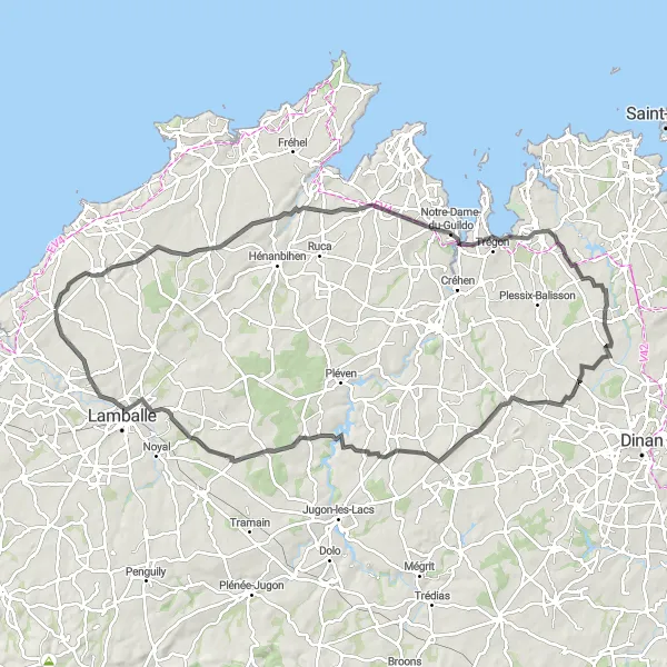 Miniature de la carte de l'inspiration cycliste "Le Circuit des Vallées et des Châteaux" dans la Bretagne, France. Générée par le planificateur d'itinéraire cycliste Tarmacs.app