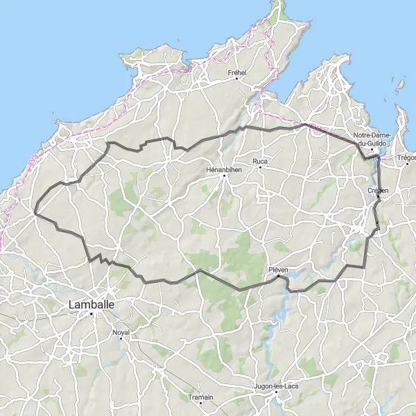Miniature de la carte de l'inspiration cycliste "Boucle autour du Château de Bienassis" dans la Bretagne, France. Générée par le planificateur d'itinéraire cycliste Tarmacs.app