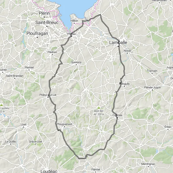 Map miniature of "Planguenoual to Lamballe and back" cycling inspiration in Bretagne, France. Generated by Tarmacs.app cycling route planner