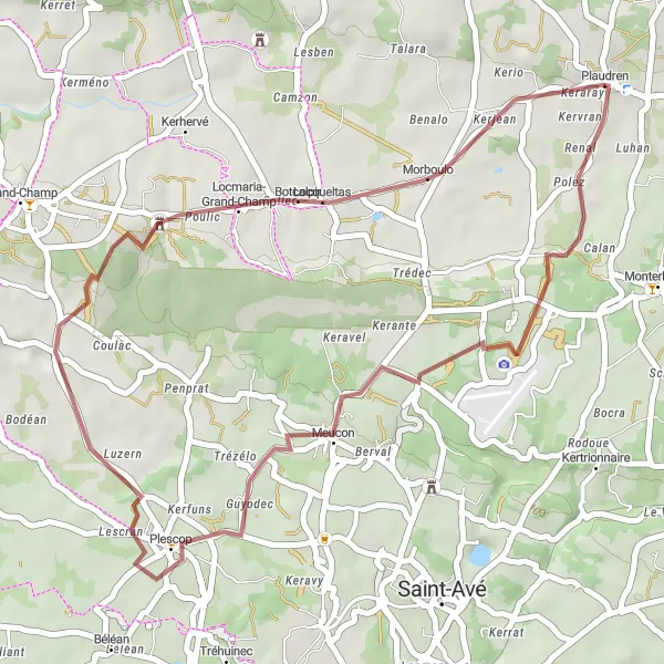 Map miniature of "Meucon to Plaudren Gravel Adventure" cycling inspiration in Bretagne, France. Generated by Tarmacs.app cycling route planner