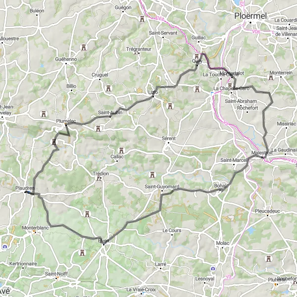 Map miniature of "Plumelec Loop" cycling inspiration in Bretagne, France. Generated by Tarmacs.app cycling route planner