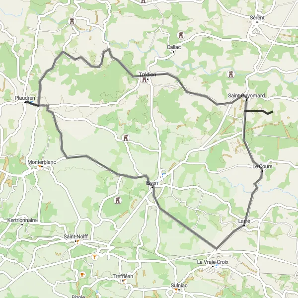 Map miniature of "The Château Loop" cycling inspiration in Bretagne, France. Generated by Tarmacs.app cycling route planner