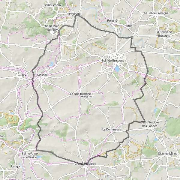 Map miniature of "The Road to Saint-Malo-de-Phily: Pléchâtel to Rocher d'Uzel" cycling inspiration in Bretagne, France. Generated by Tarmacs.app cycling route planner