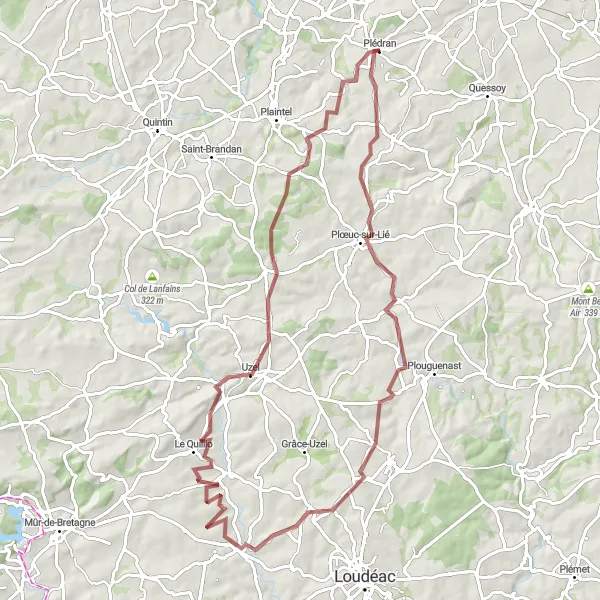 Map miniature of "Plédran to Plœuc-sur-Lié Gravel Route" cycling inspiration in Bretagne, France. Generated by Tarmacs.app cycling route planner