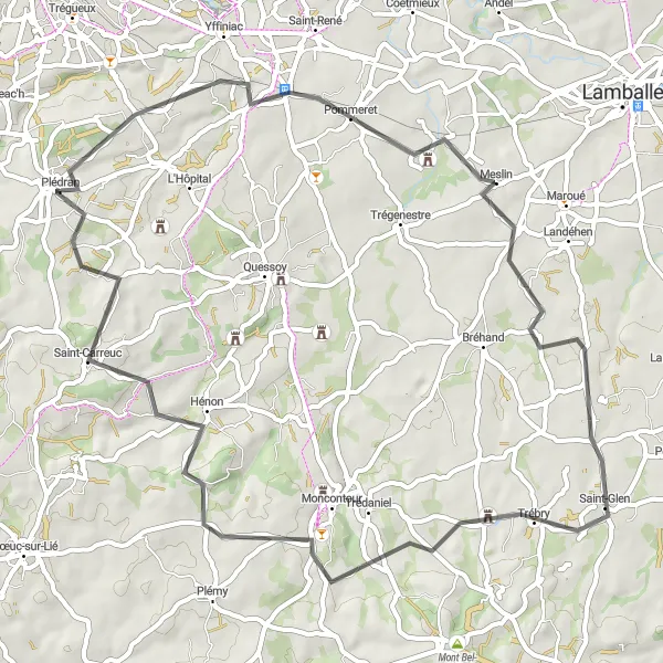 Map miniature of "Pommeret to Hénon Road Route" cycling inspiration in Bretagne, France. Generated by Tarmacs.app cycling route planner