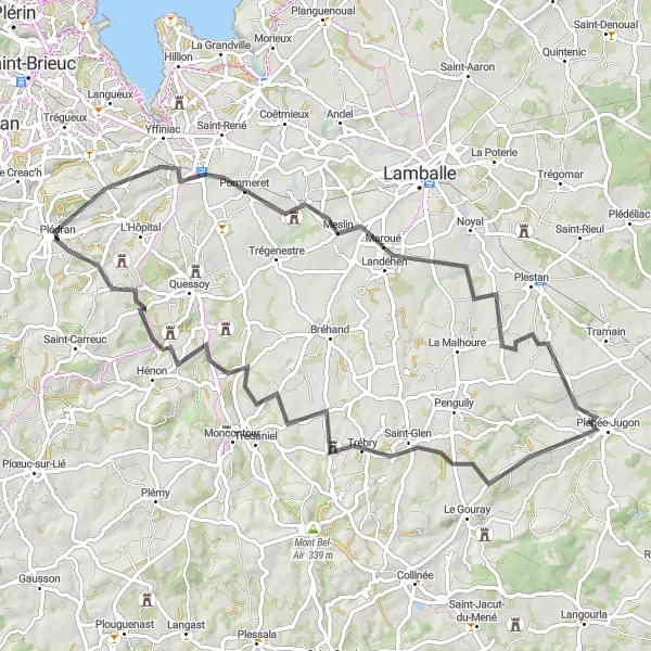 Map miniature of "Plédran to Le Pesle Châtel Round-trip (Road)" cycling inspiration in Bretagne, France. Generated by Tarmacs.app cycling route planner