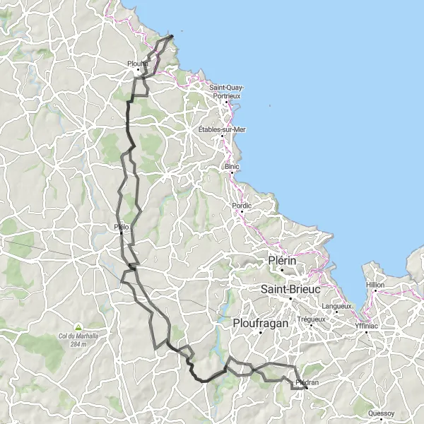 Map miniature of "Coastal Castles and Plaines" cycling inspiration in Bretagne, France. Generated by Tarmacs.app cycling route planner