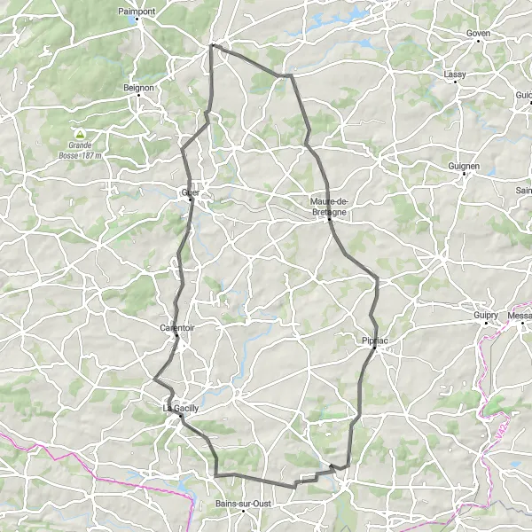 Map miniature of "The Plélan-le-Grand Loop" cycling inspiration in Bretagne, France. Generated by Tarmacs.app cycling route planner