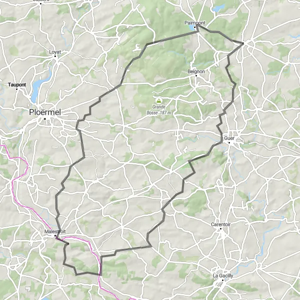 Map miniature of "Plélan-le-Grand to Paimpont Road Cycling Route" cycling inspiration in Bretagne, France. Generated by Tarmacs.app cycling route planner