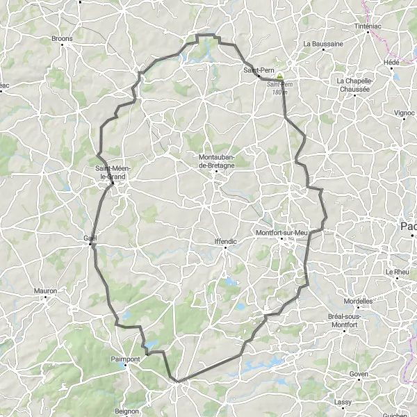 Miniature de la carte de l'inspiration cycliste "Boucle des Collines Bretonnes" dans la Bretagne, France. Générée par le planificateur d'itinéraire cycliste Tarmacs.app