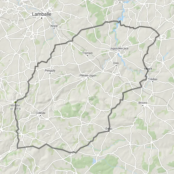 Miniature de la carte de l'inspiration cycliste "Parcours de cyclisme road de Mégri" dans la Bretagne, France. Générée par le planificateur d'itinéraire cycliste Tarmacs.app