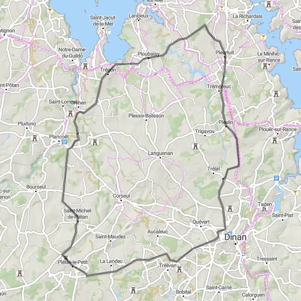 Miniature de la carte de l'inspiration cycliste "Boucle autour de Plélan-le-Petit" dans la Bretagne, France. Générée par le planificateur d'itinéraire cycliste Tarmacs.app