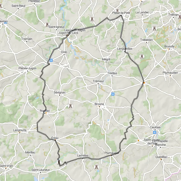 Miniature de la carte de l'inspiration cycliste "Excursion cycliste à Éréac et Jugon-les-Lacs" dans la Bretagne, France. Générée par le planificateur d'itinéraire cycliste Tarmacs.app
