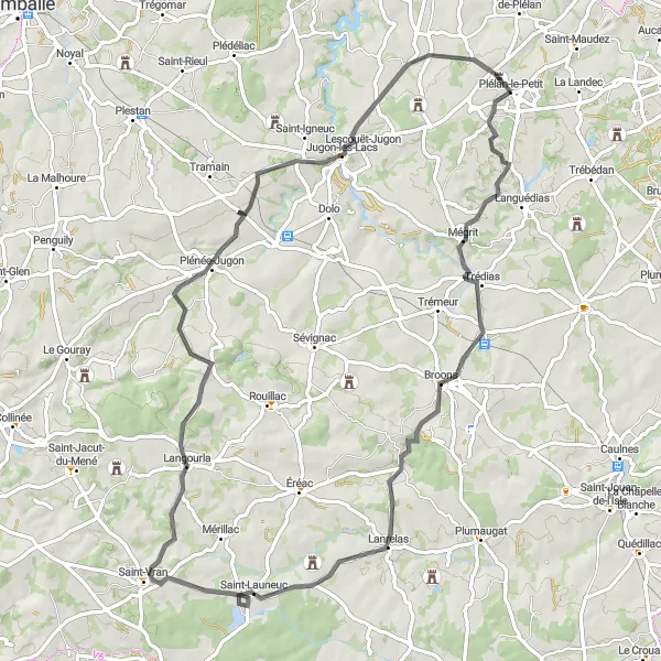 Miniature de la carte de l'inspiration cycliste "Aventure au Cœur de la Bretagne" dans la Bretagne, France. Générée par le planificateur d'itinéraire cycliste Tarmacs.app