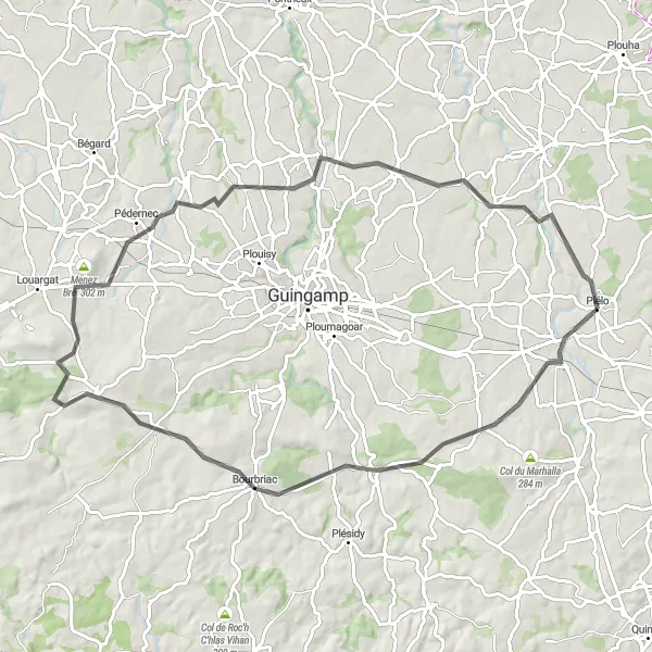 Miniature de la carte de l'inspiration cycliste "Exploration de Bourbriac et ses environs" dans la Bretagne, France. Générée par le planificateur d'itinéraire cycliste Tarmacs.app