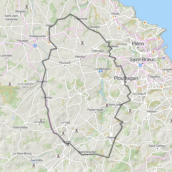 Map miniature of "Plélo - Trégomeur - Saint-Brandan Loop" cycling inspiration in Bretagne, France. Generated by Tarmacs.app cycling route planner