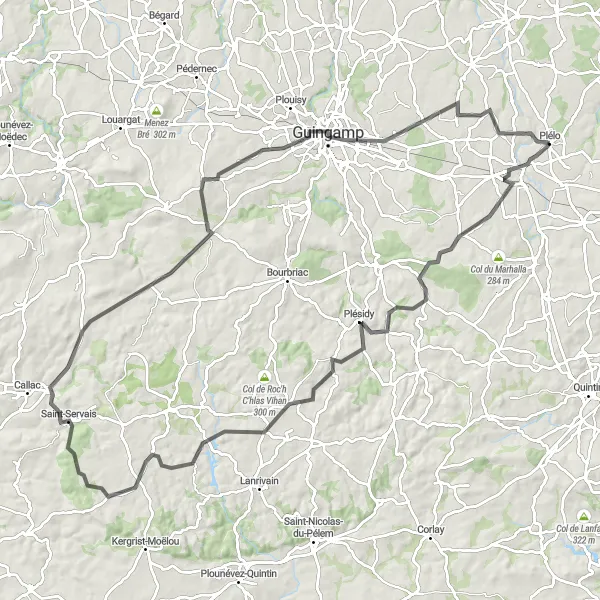 Miniature de la carte de l'inspiration cycliste "Tour autour de Guingamp" dans la Bretagne, France. Générée par le planificateur d'itinéraire cycliste Tarmacs.app