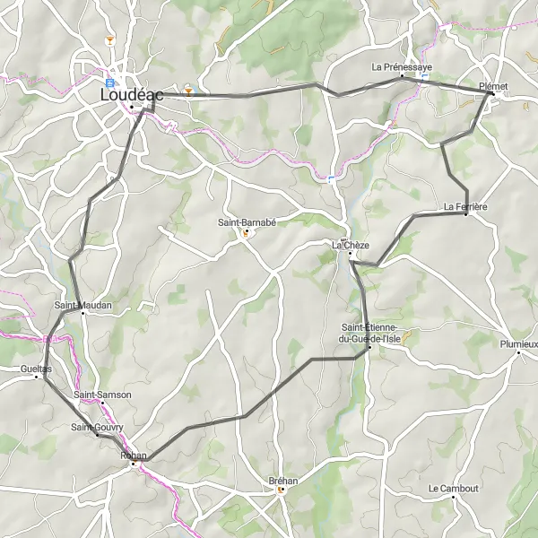 Map miniature of "Plémet to La Prénessaye Loop" cycling inspiration in Bretagne, France. Generated by Tarmacs.app cycling route planner