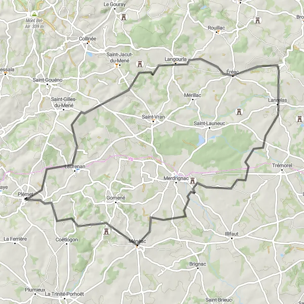 Map miniature of "Laurenan and Lanrelas Adventure" cycling inspiration in Bretagne, France. Generated by Tarmacs.app cycling route planner