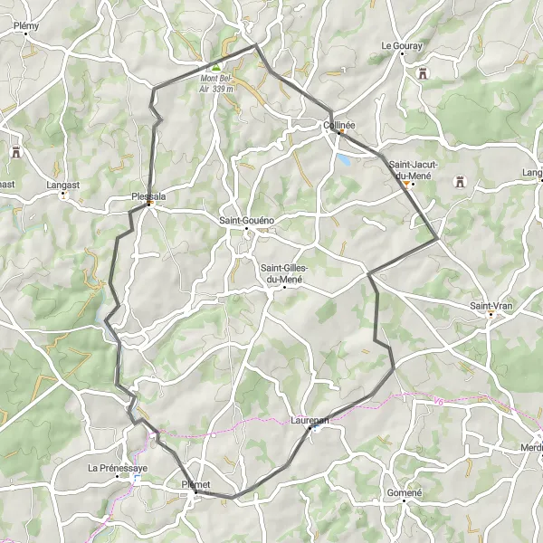 Map miniature of "Plémet to Collinée Loop" cycling inspiration in Bretagne, France. Generated by Tarmacs.app cycling route planner